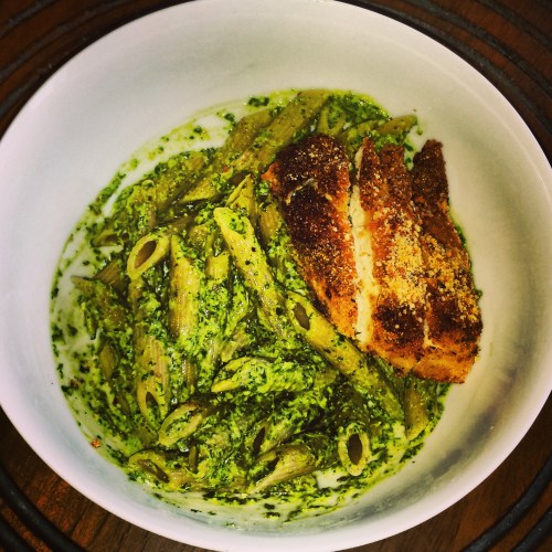 Kale Pesto Pasta with Parmesan crusted Chicken